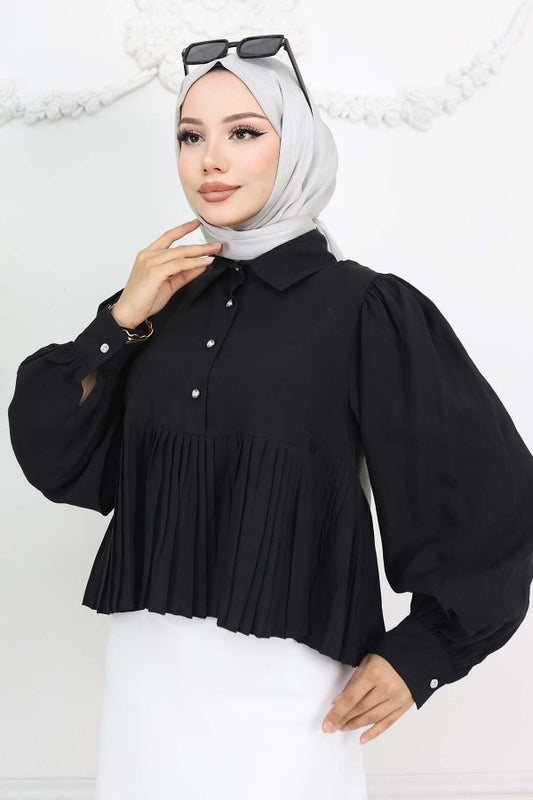 Bluse kurz mit Faltenoptik / Schwarz