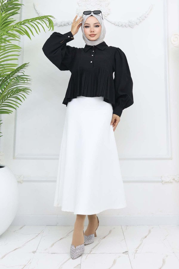 Bluse kurz mit Faltenoptik / Schwarz