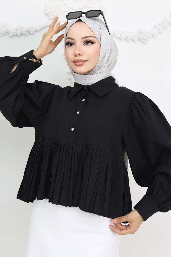 Bluse kurz mit Faltenoptik / Schwarz