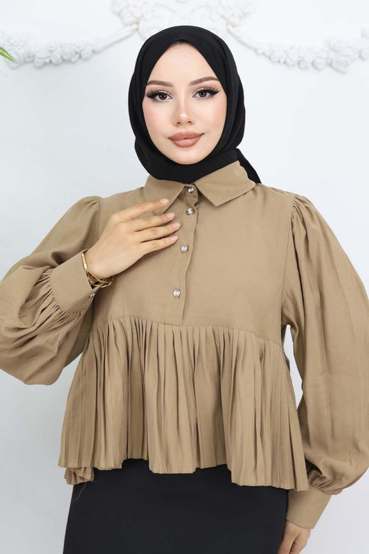 Bluse kurz mit Faltenoptik / Camel