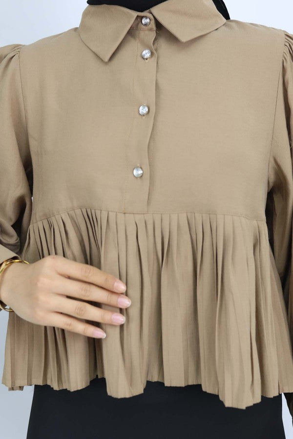 Bluse kurz mit Faltenoptik / Camel