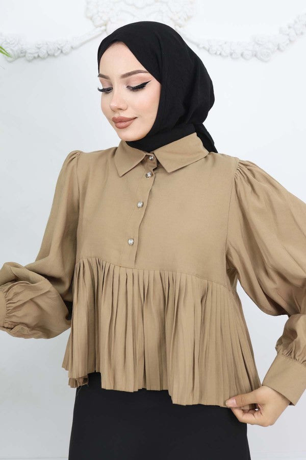 Bluse kurz mit Faltenoptik / Camel