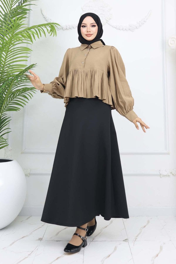 Bluse kurz mit Faltenoptik / Camel