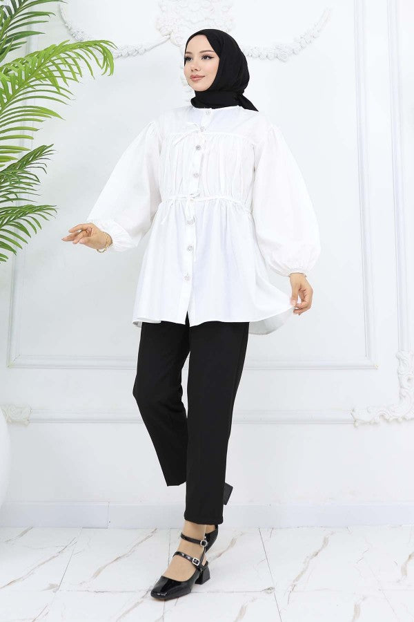 Bluse mit 2 Gummizug und Steinknöpfen