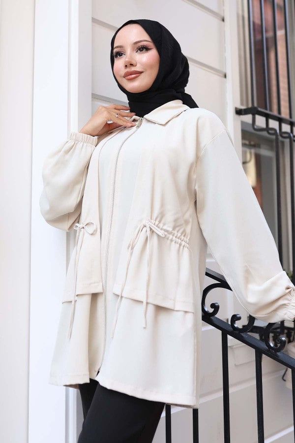 Jacke mit Gummizug und Reißverschluss / Beige