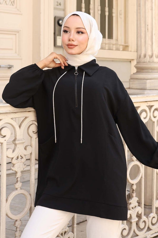 Tunika mit Halbreißverschluss und Taschen / Schwarz