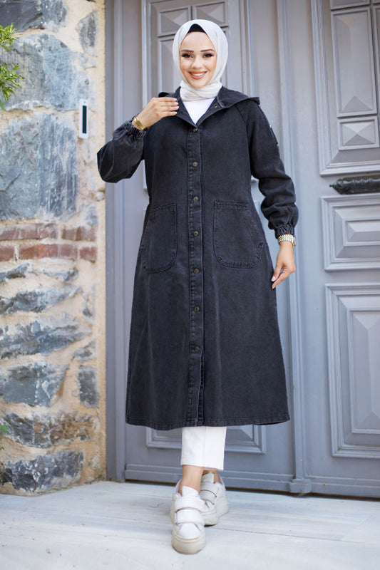 Jeansjacke lang mit Knöpfen und Kapuze / Anthrazit