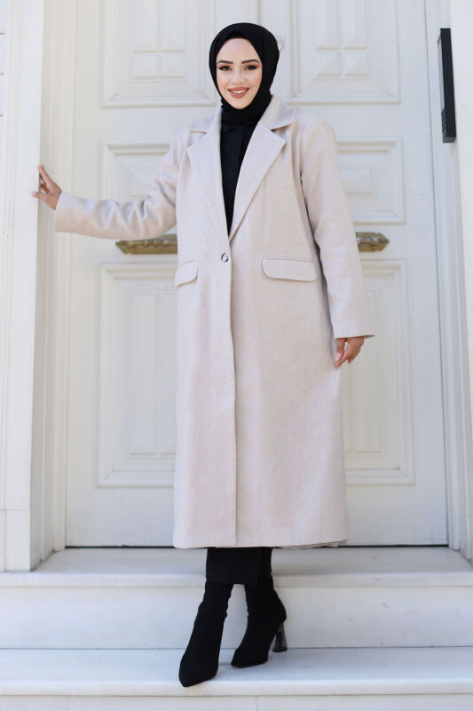 Kaschmirmantel m. Fischgrätmuster, Abdecktaschen / Beige