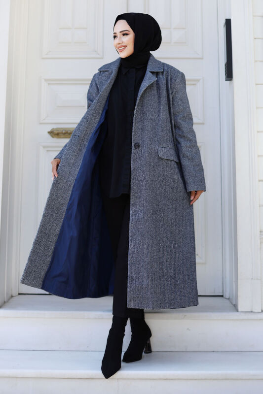 Kaschmirmantel m. Fischgrätmuster, Abdecktaschen / Navy Blau