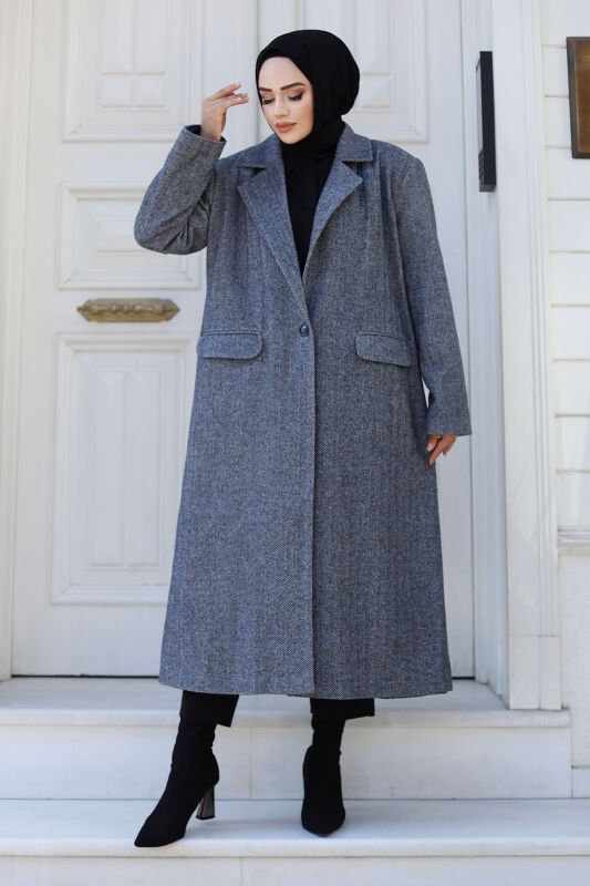 Kaschmirmantel m. Fischgrätmuster, Abdecktaschen / Navy Blau