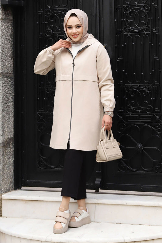 Jeansjacke mit Kapuze / Beige
