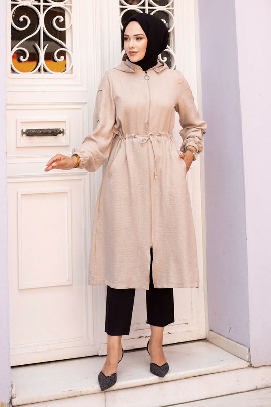 Jeansjacke lang mit Knöpfen und Kapuze / Beige