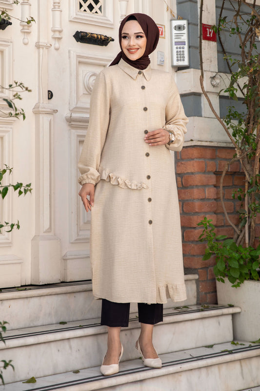 Leinentunika geknöpft mit Rüschendetail / Beige
