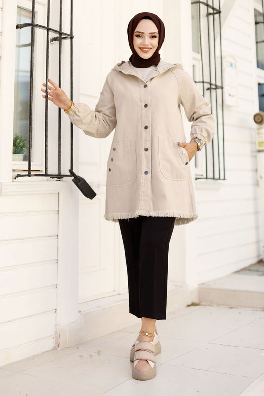 Jeansjacke kurz mit Knöpfe und Kapuze / Beige