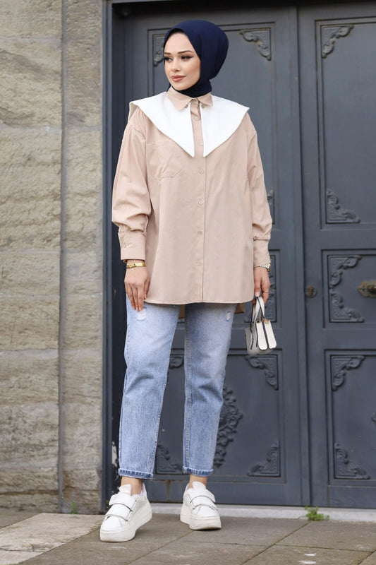 Feride Hemd mit spitzem Kragen / Beige