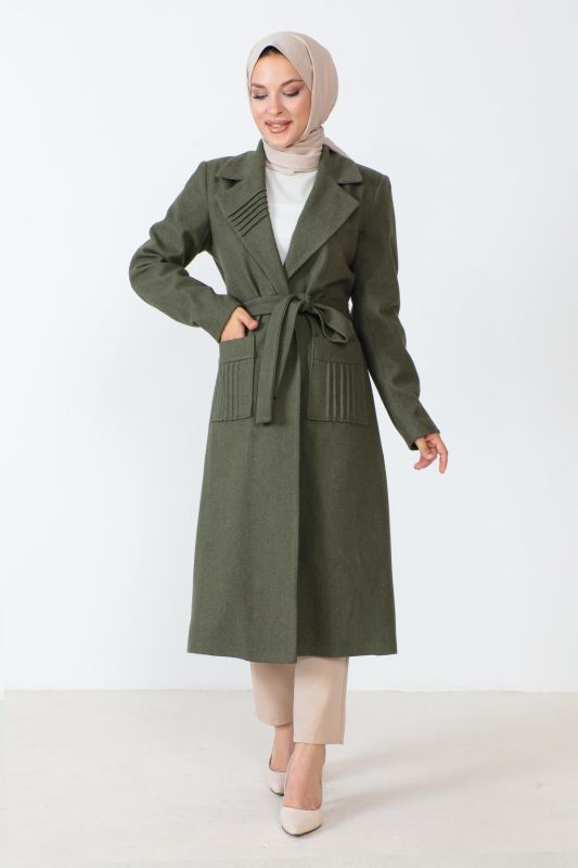 Kaschmirmantel mit Taschen und Gürtel / Khaki