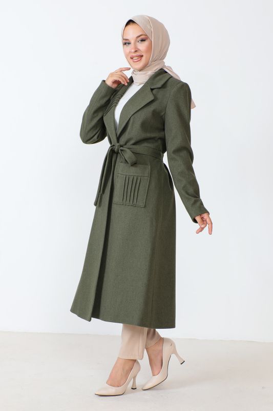Kaschmirmantel mit Taschen und Gürtel / Khaki