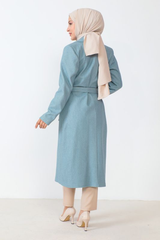 Kaschmirmantel mit Taschen und Gürtel / Blau