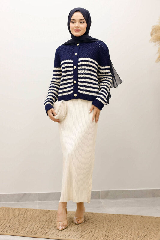 perforierte Strickjacke gestreift mit Knöpfen / Navy Blau