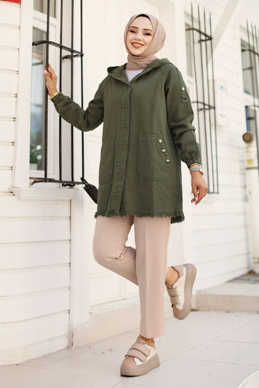 Jeansjacke kurz mit Knöpfe und Kapuze / Khaki
