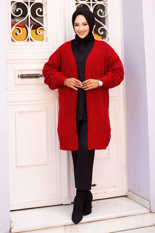 Strickjacke mit Rautenmuster / Rot