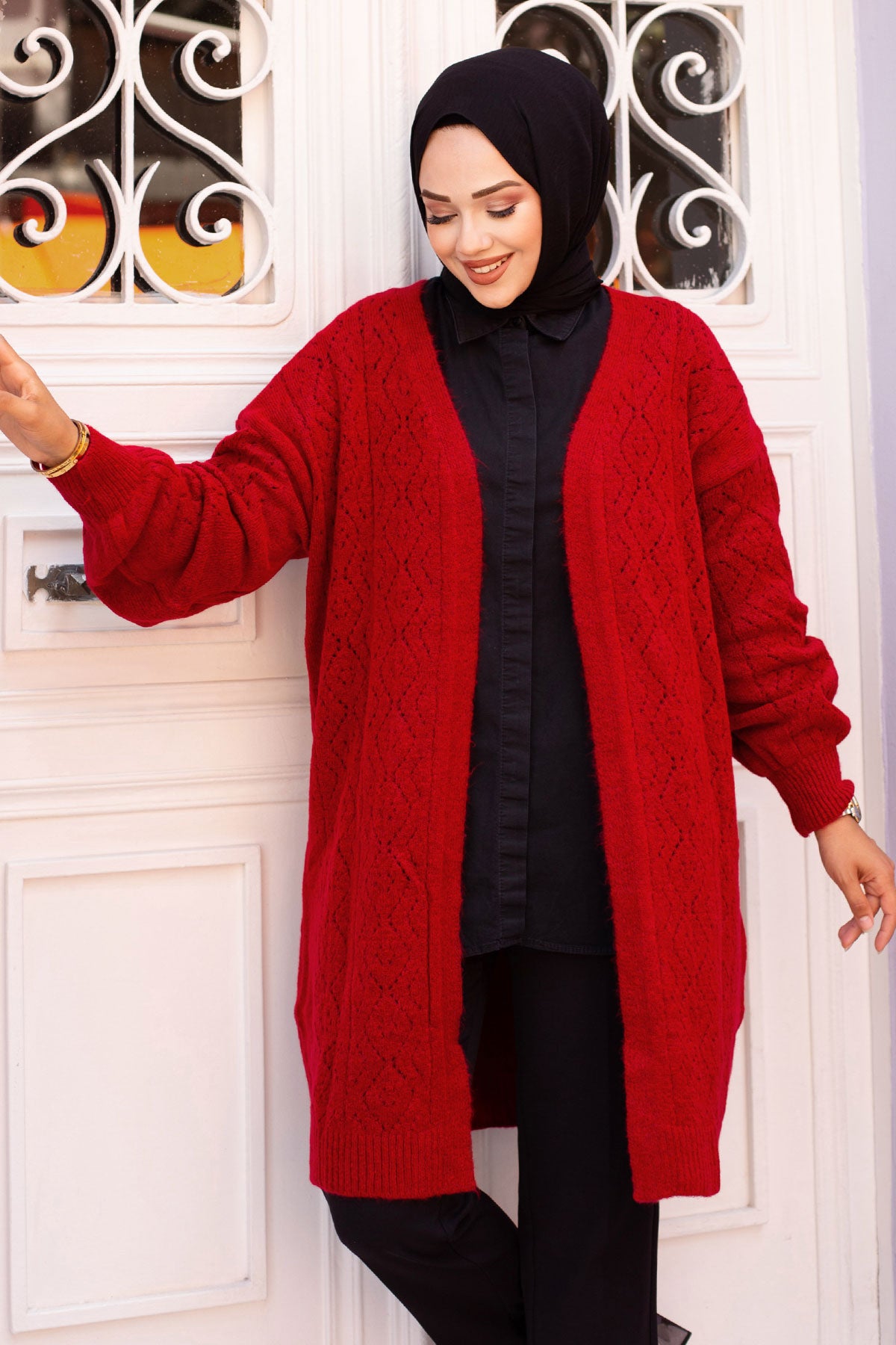 Strickjacke mit Rautenmuster / Rot