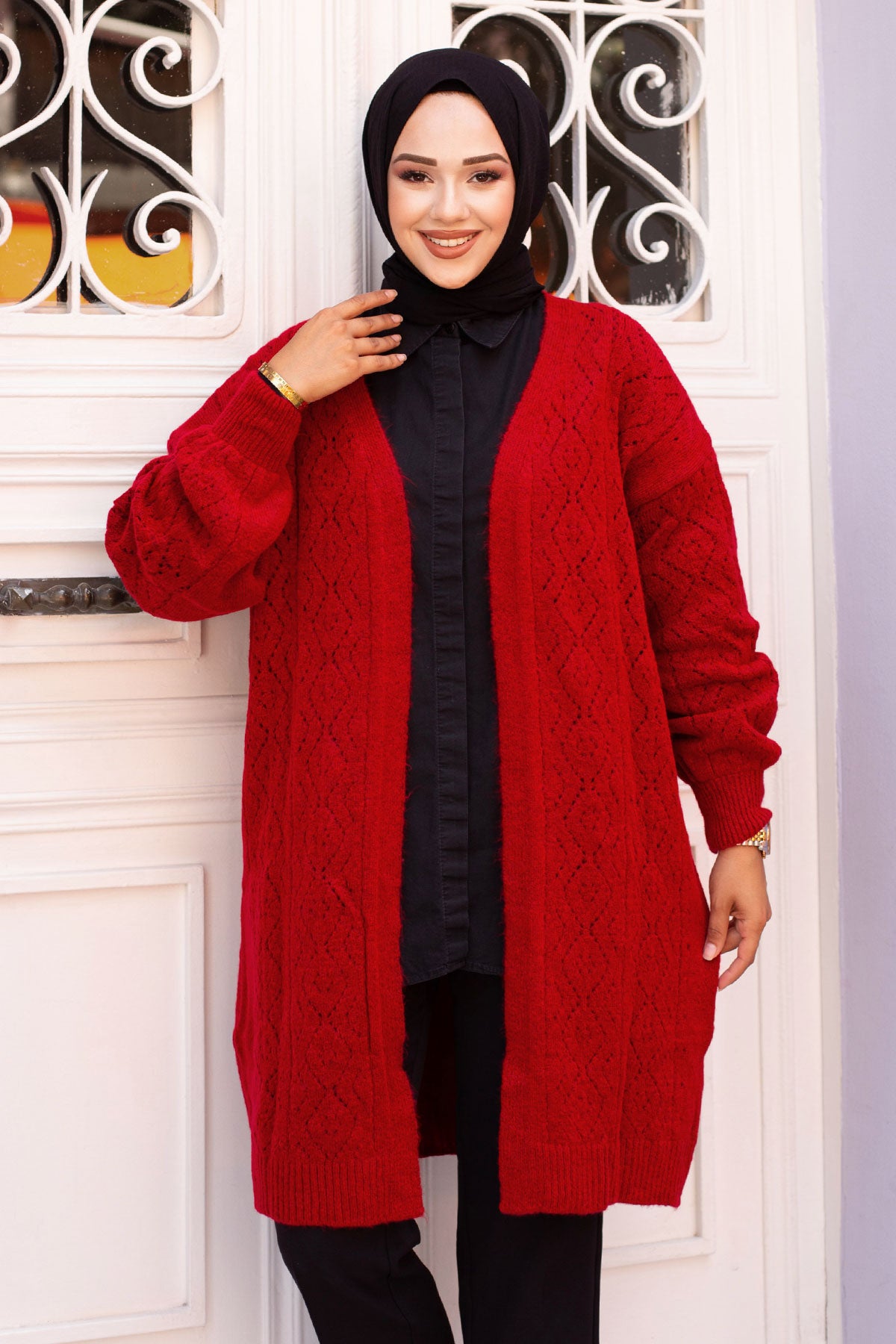 Strickjacke mit Rautenmuster / Rot