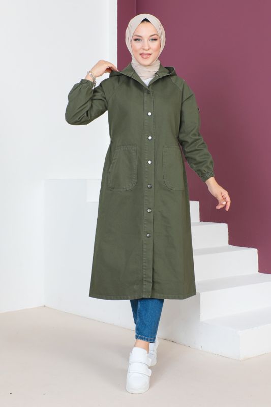 Jeansjacke lang mit Knöpfen und Kapuze / Khaki