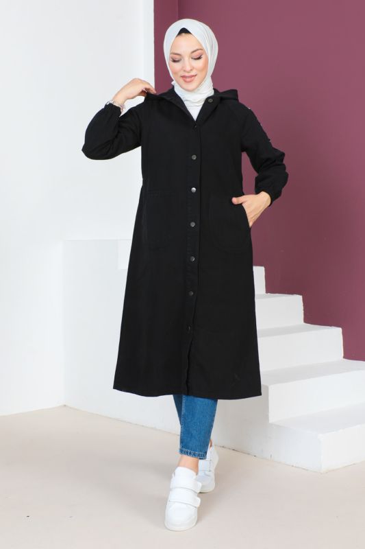 Jeansjacke lang mit Knöpfen und Kapuze / Schwarz
