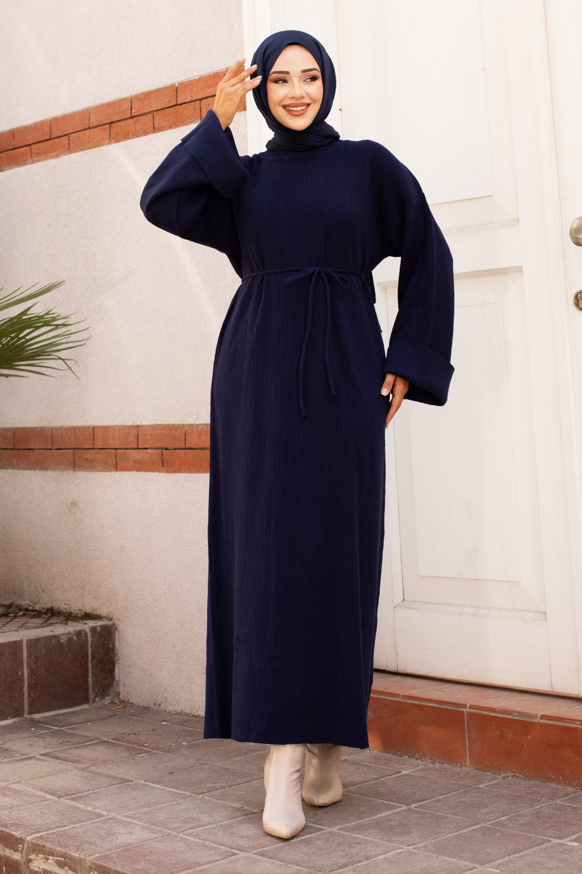 lang Ärmel Strickkleid, Taille mit Seilbindung / Navy Blau