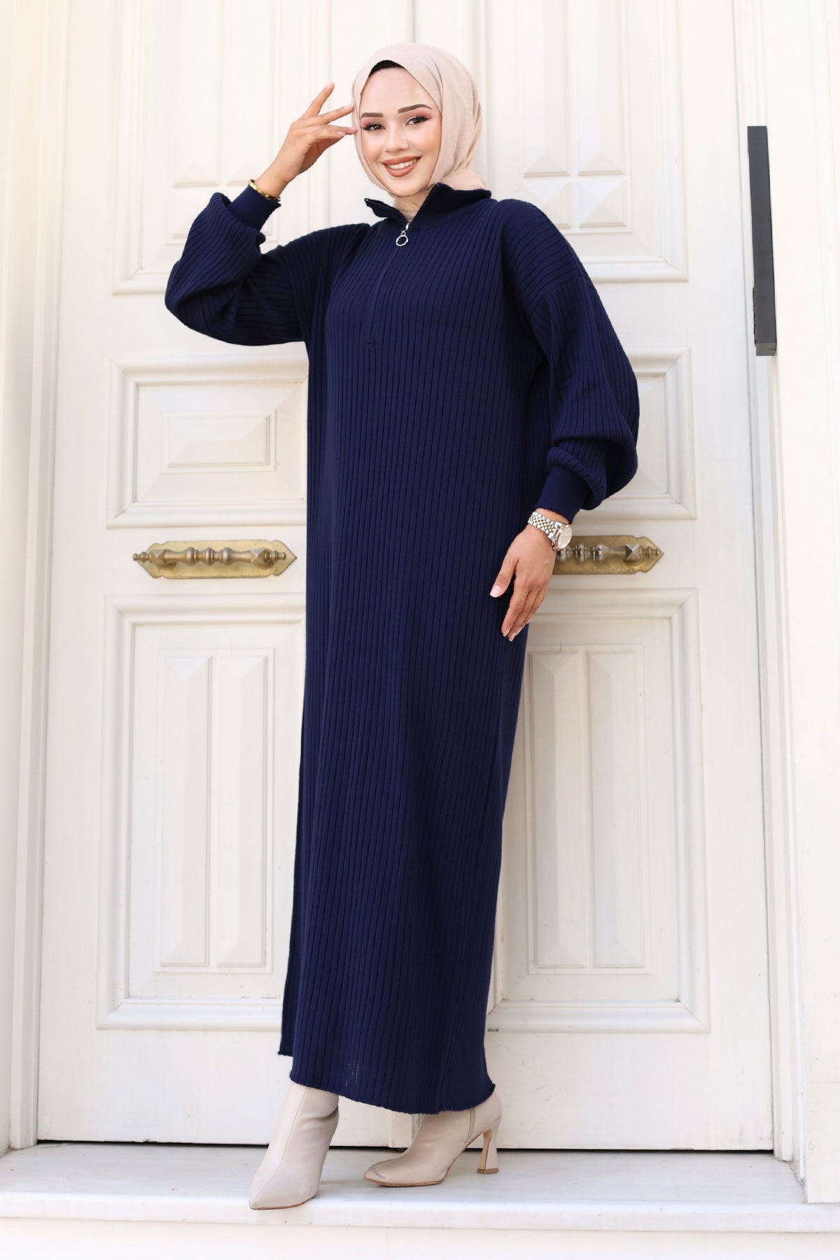 Strickkleid Halbreißverschluss / Navy Blau