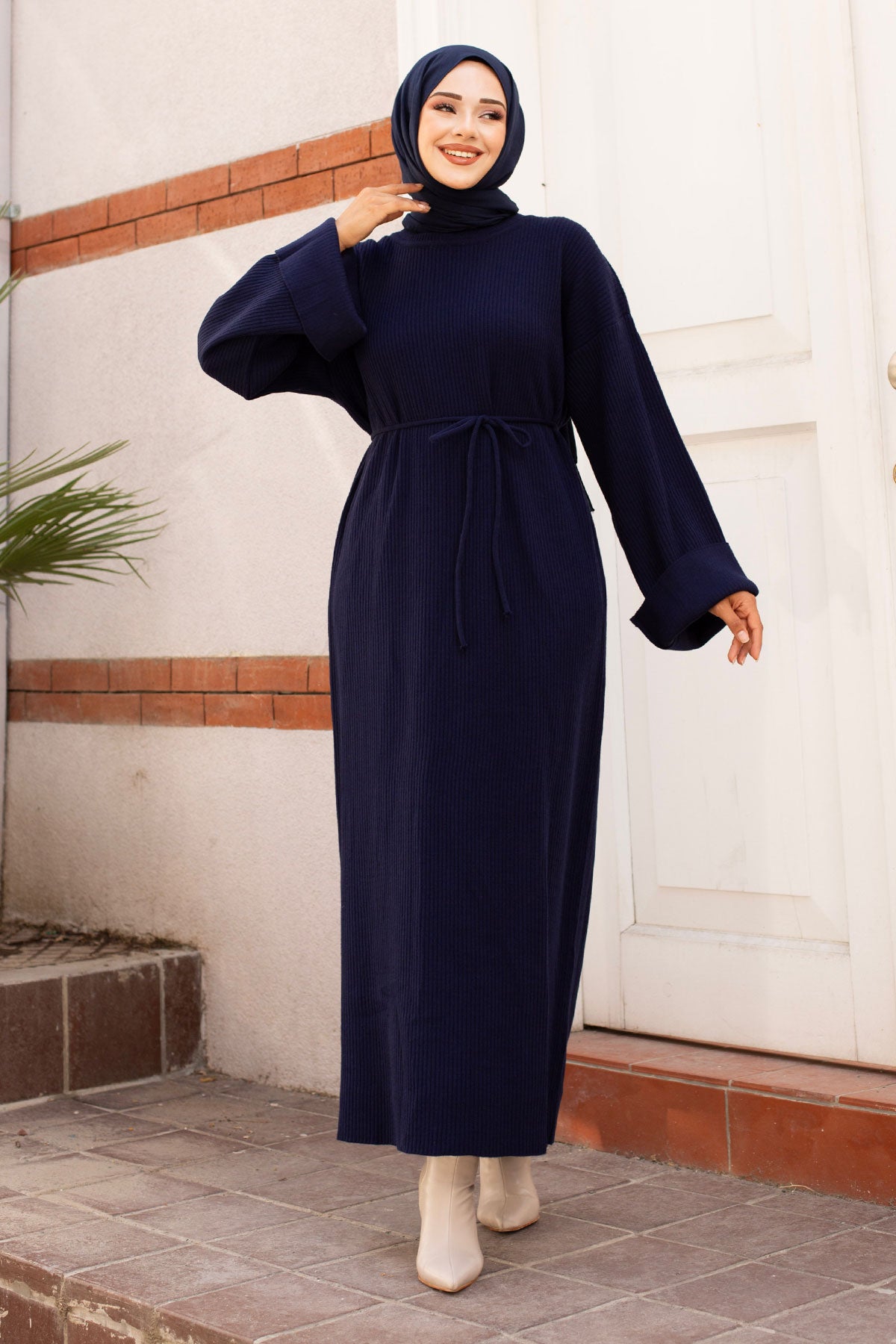 lang Ärmel Strickkleid, Taille mit Seilbindung / Navy Blau