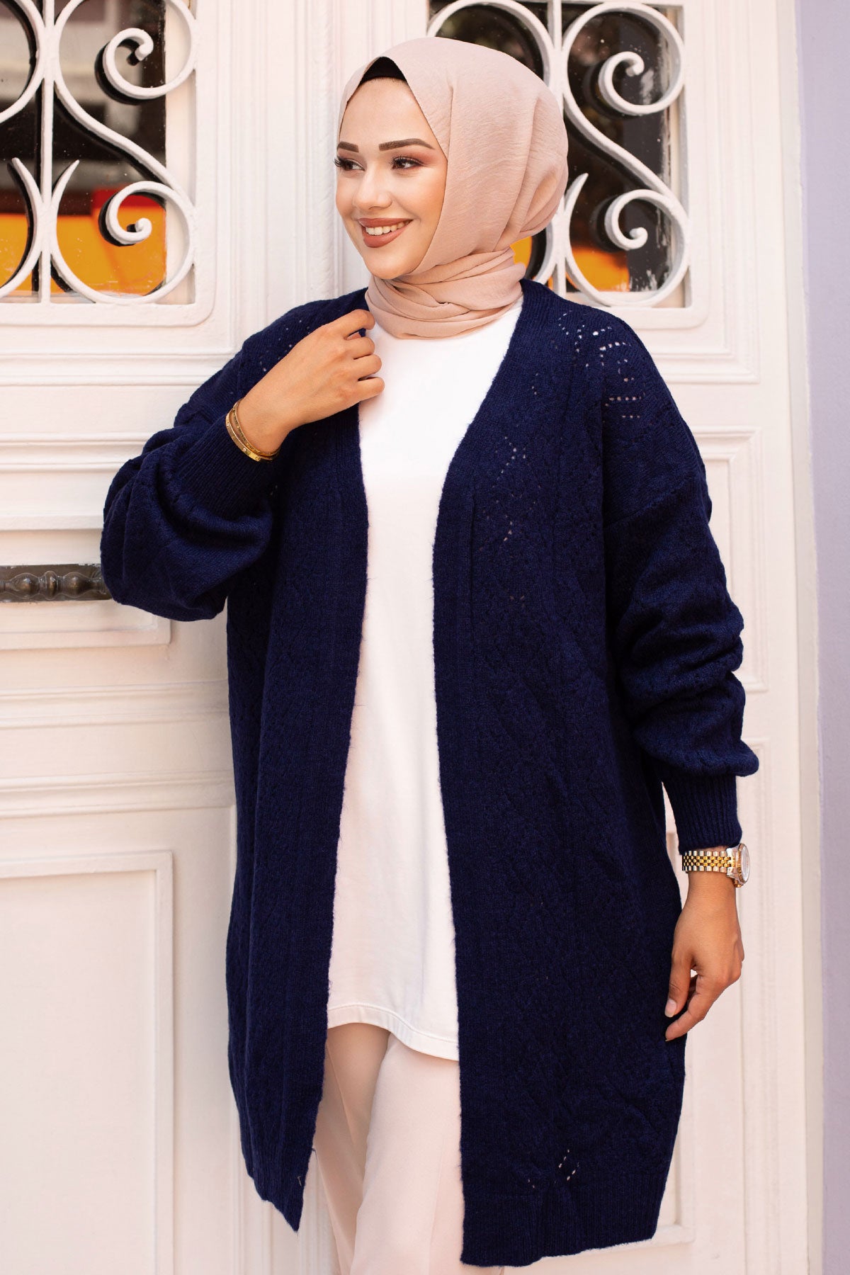 Strickjacke mit Rautenmuster / Navy Blau