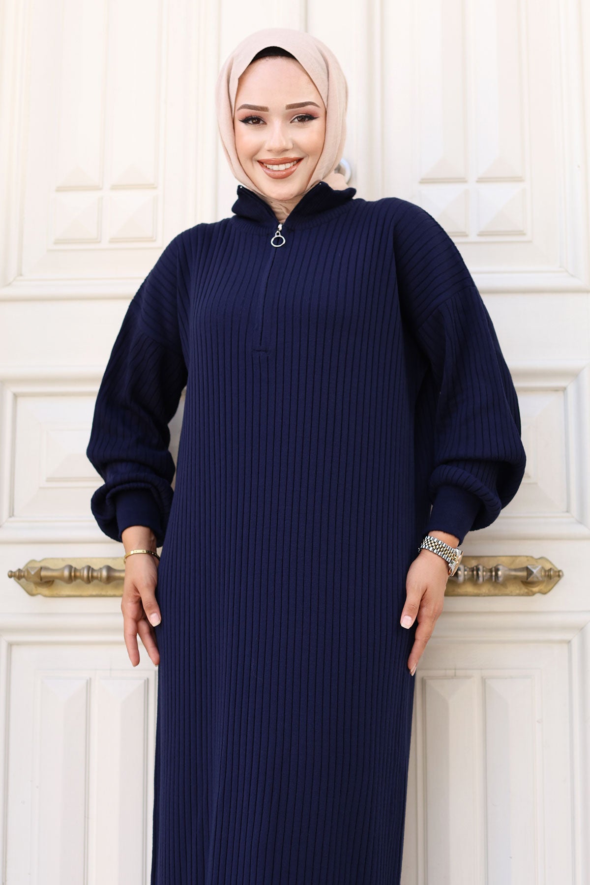 Strickkleid Halbreißverschluss / Navy Blau