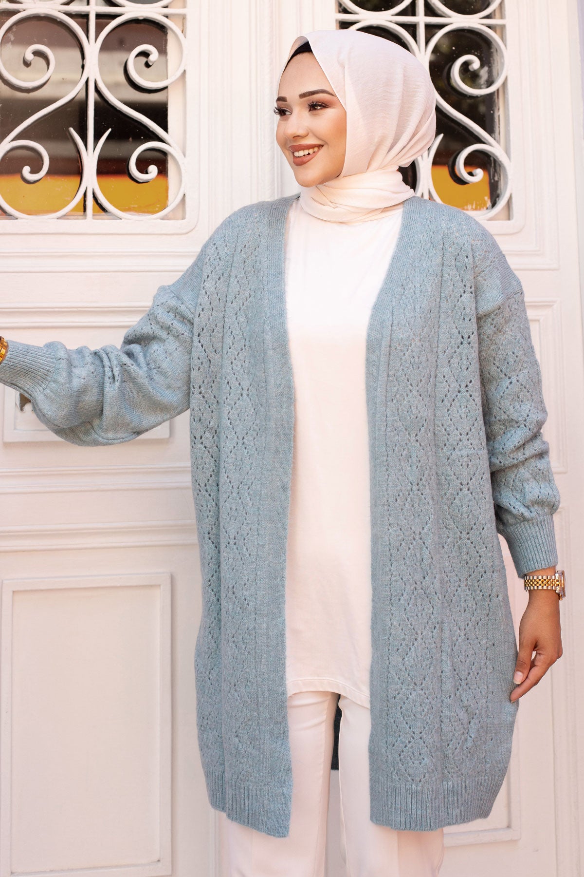 Strickjacke mit Rautenmuster / Mint