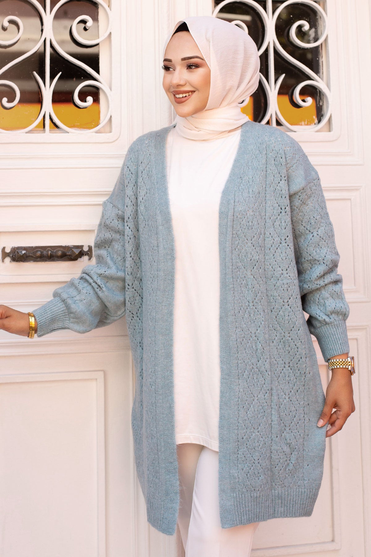 Strickjacke mit Rautenmuster / Mint