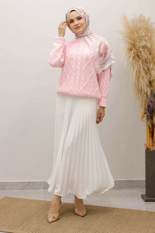 Strickpullover mit Flechtmuster / Rosa