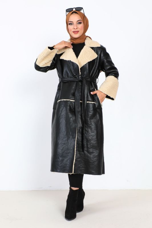 Lederoptik Jacke mit Samtfutter / Schwarz
