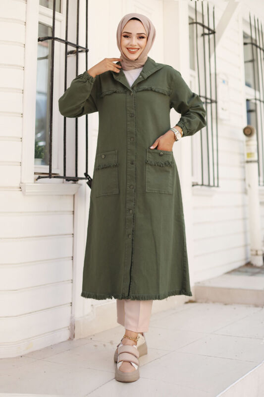 Jeansjacke lang mit Quasten / Khaki