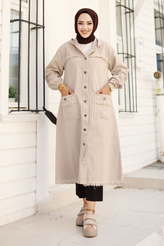 Jeansjacke lang mit Quasten / Beige
