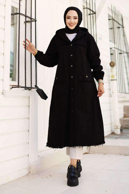 Jeansjacke lang mit Quasten / Schwarz