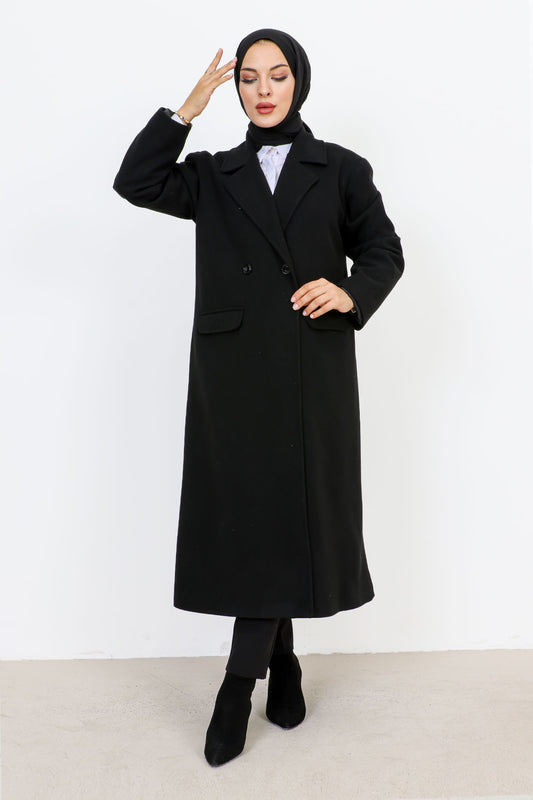 Kaschmirmantel mit Abdecktaschen / Schwarz