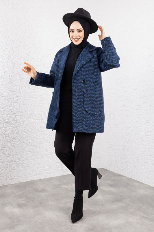Kaschmirmantel mit Fischgrätmuster, Taschen und Knöpfe / Navy Blau