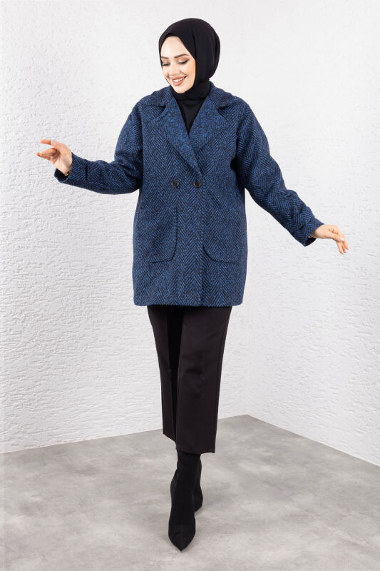 Kaschmirmantel mit Fischgrätmuster, Taschen und Knöpfe / Navy Blau