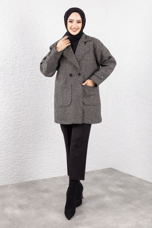 Kaschmirmantel mit Fischgrätmuster, Taschen und Knöpfe / Beige