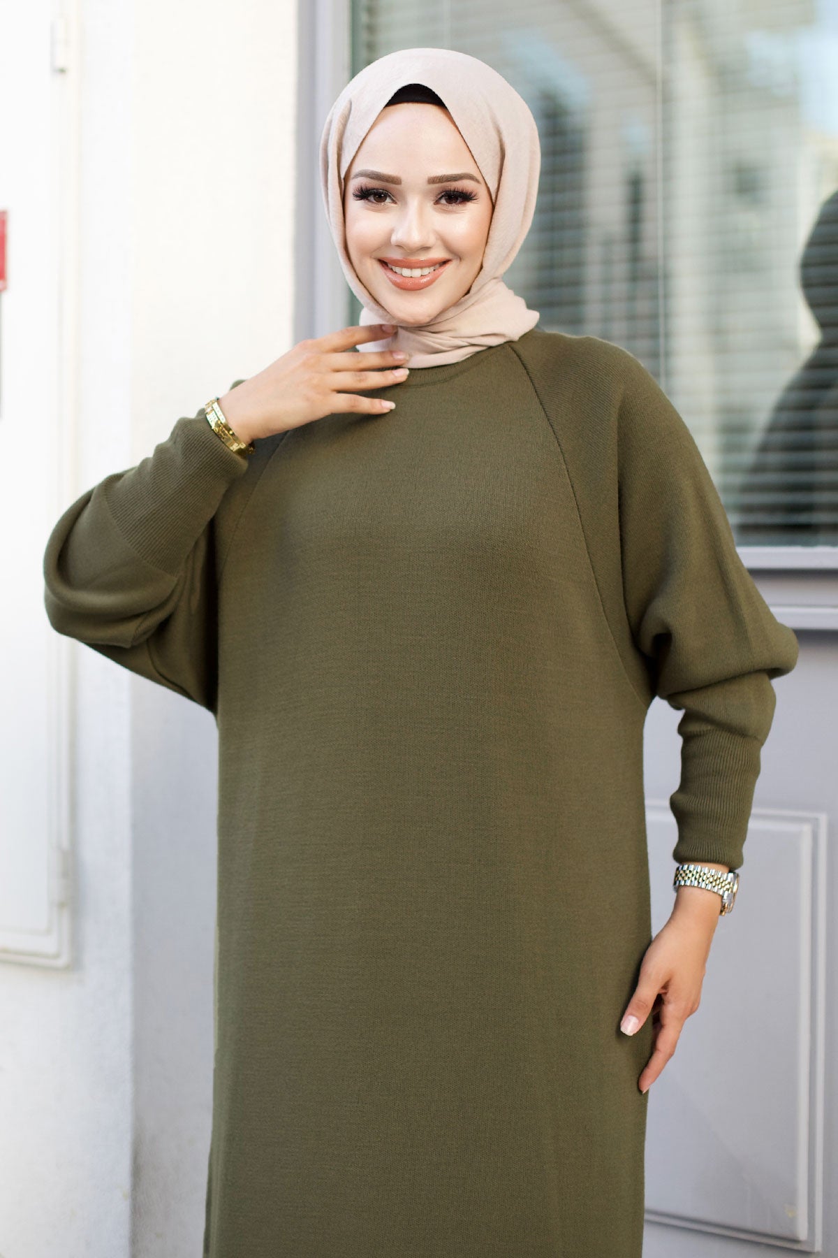 Strickkleid Raglan Ärmel / Khaki